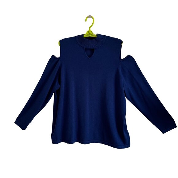 Susan Graver Sweaters - Susan Graver Women's Cold Shoulder Knit Top Size 2X Blue Keyhole Neckline